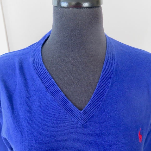 Polo Ralph Lauren Royal Blue V-neck Sweater - Corduroy Elbow Patches - Picture 5 of 11